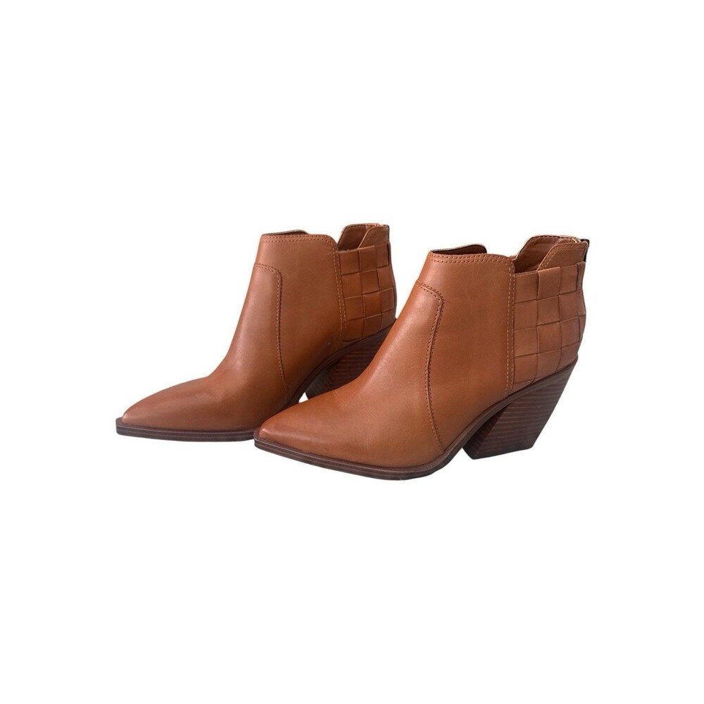 Vince Camuto Gemmlee Leather Ankle Booties Woven Heel Block Heel Cognac 9M - Picture 3 of 8